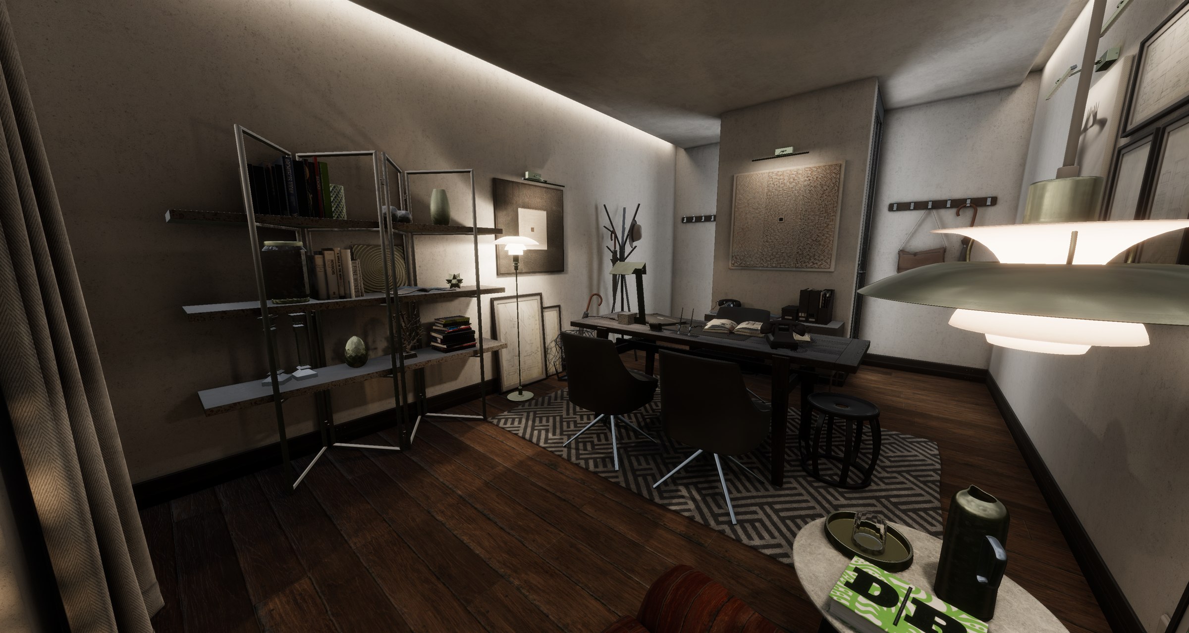 Spectr — same room shown with a dark walnut floor; drag the handle to swap to a lighter wood, demonstrating Spectr's live material-change feature