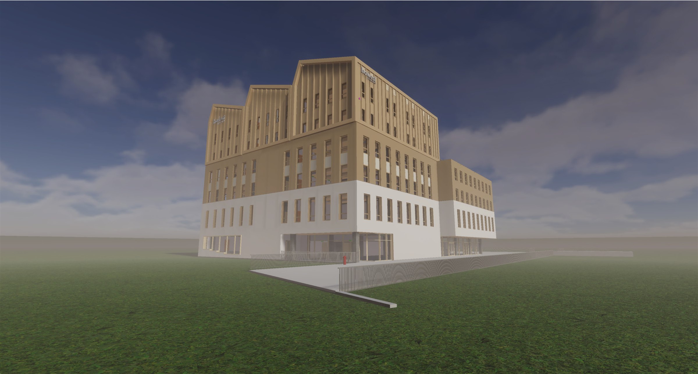 Spectr — finished building exterior; drag the handle to reveal the underlying structural and MEP systems, demonstrating Spectr's hide/highlight feature