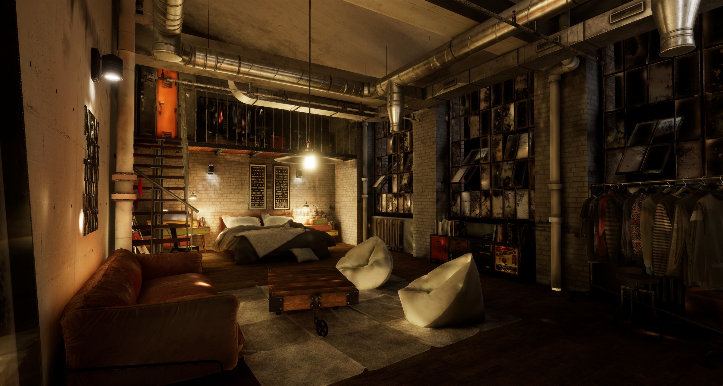 Spectr — same industrial loft shown at night; drag the handle to reveal the daylight version